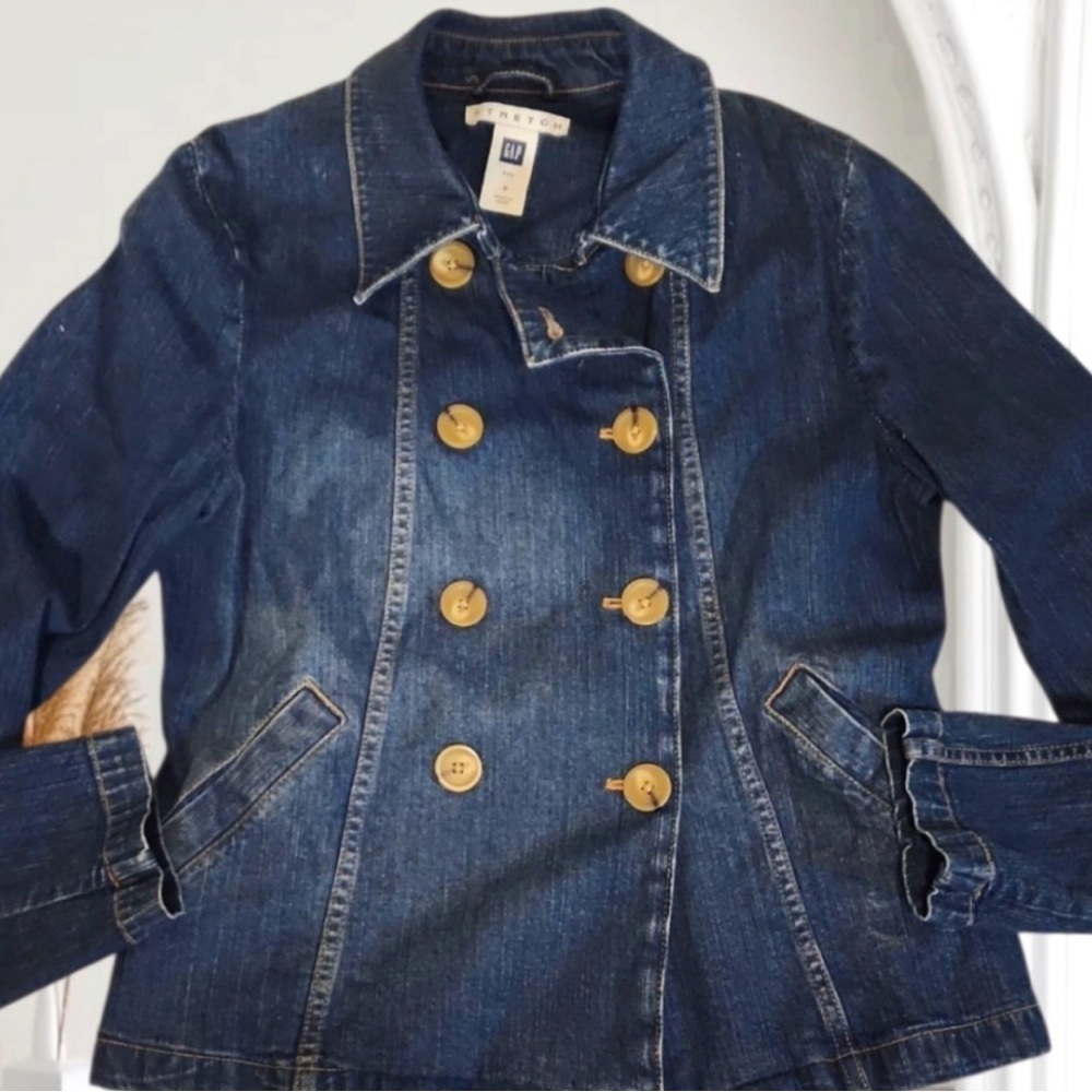 GAP Dark Blue Denim Double-Breasted Jean Jacket with Tan Buttons